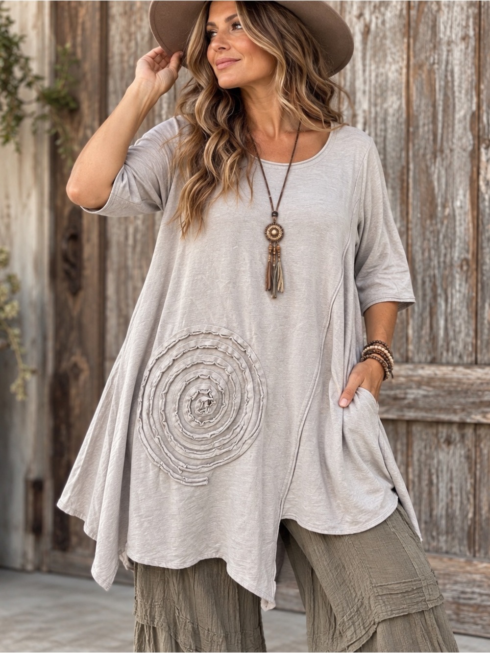 Zen Cheyenne Lagenlook Tunic Top L/XL Asymmetrical Spiral Appliquรฉ Artsy boho